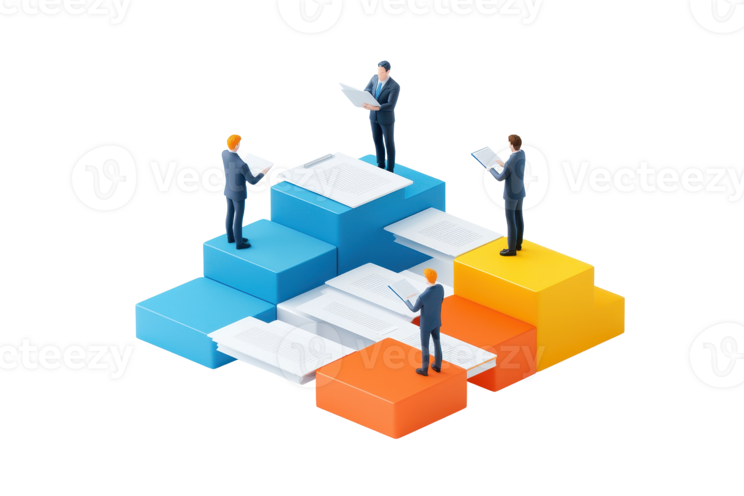 A group of four business professionals standing on colorful steps, each holding documents while engaged in discussion. png