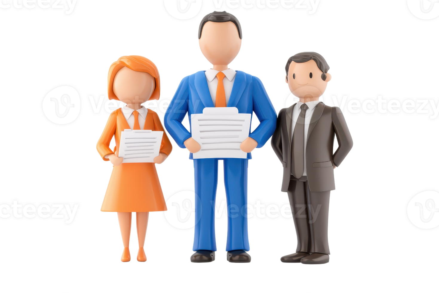 Trois dessin animé affaires Les figures tenir documents, habillé dans professionnel tenue, représentant travail en équipe et collaboration dans une entreprise environnement. png