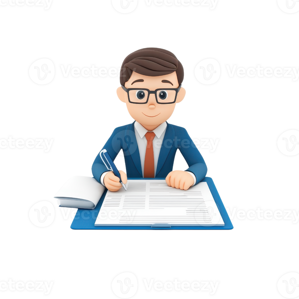 A professional-looking character in a suit writes on a document, showcasing diligence and focus. png