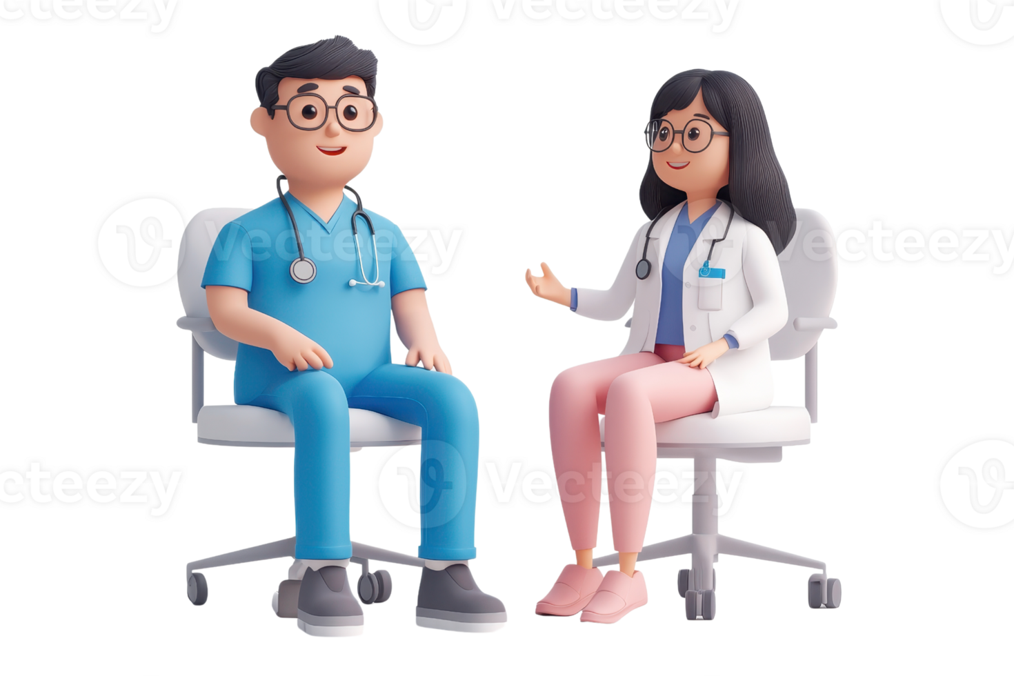 Two cartoon characters, a male in scrubs and a female in a lab coat, seated in modern chairs, engaged in conversation. png