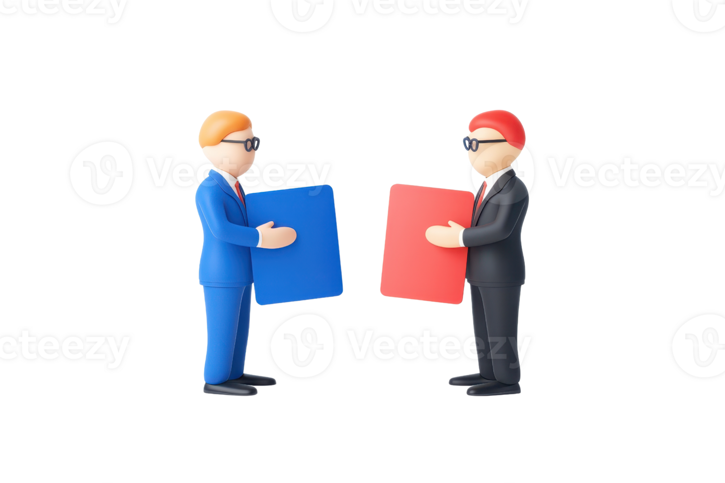 Two figures in business attire exchanging colored cards, symbolizing negotiation or agreement. png