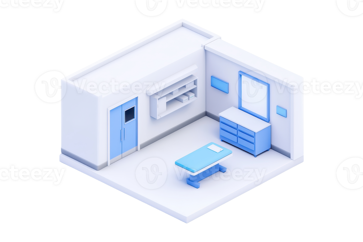 A minimalist isometric room featuring a blue table, drawers, a window, and a door, all designed in a modern style. png