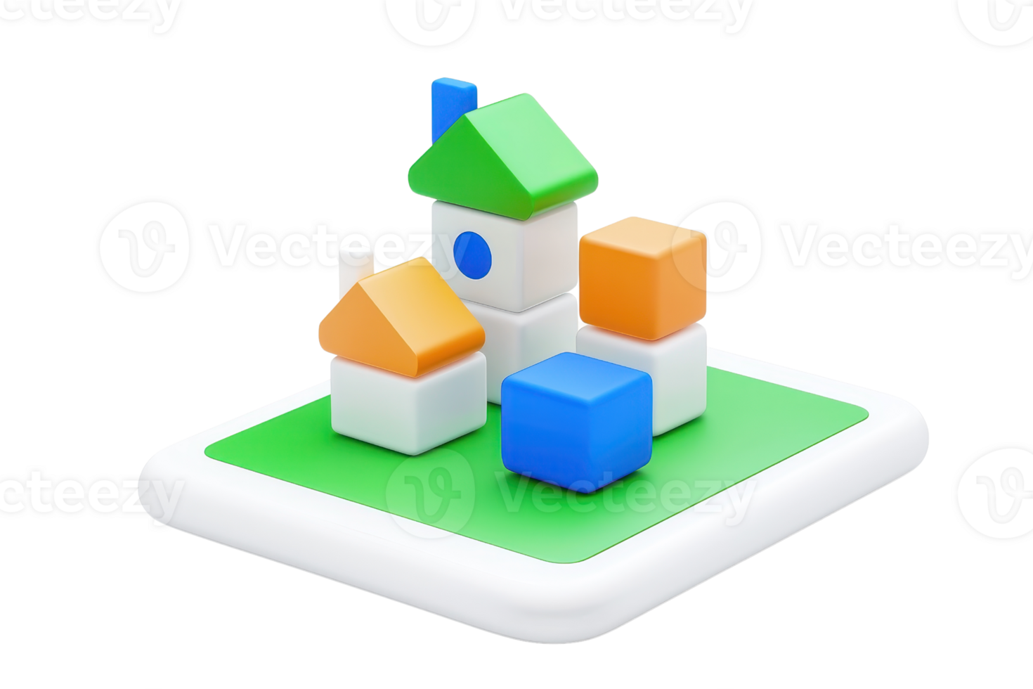 A colorful toy building set featuring various geometric blocks arranged to resemble houses on a green base. png