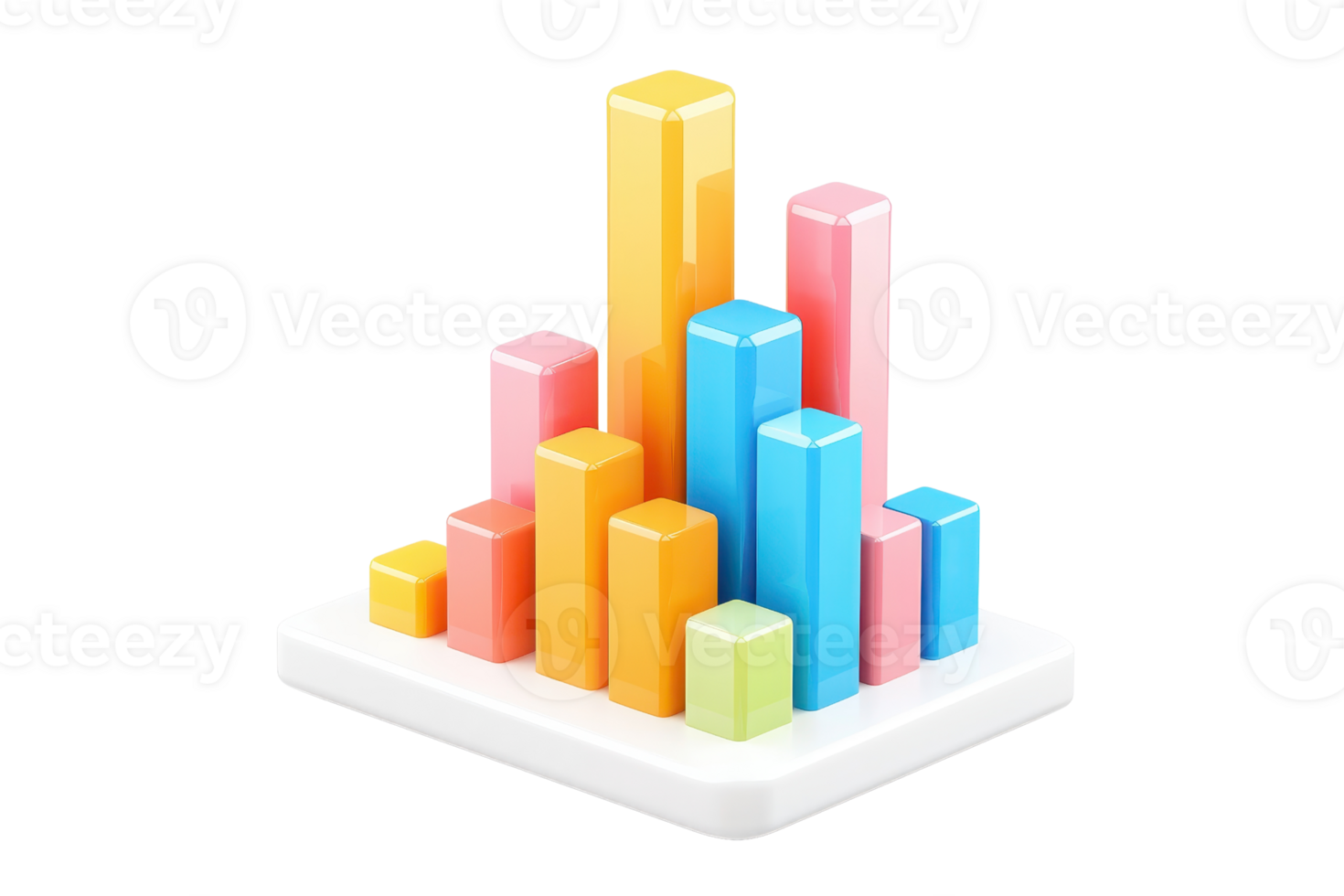 A colorful bar chart features various heights, representing data visually with distinct hues like yellow, pink, and blue. png