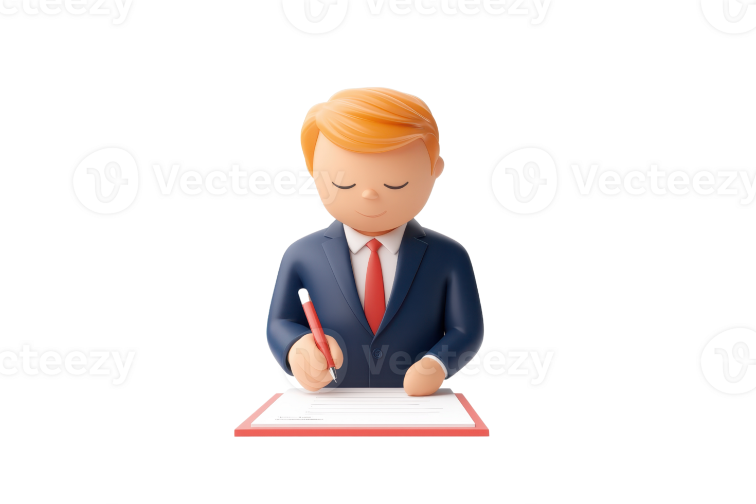 A cartoon figure in a suit writing on a notepad with a red pen, exuding professionalism and focus. png