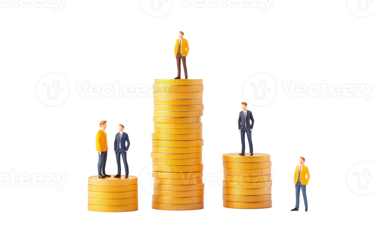 Miniature figures stand atop stacks of gold coins, representing growth and investment in a financial context. png