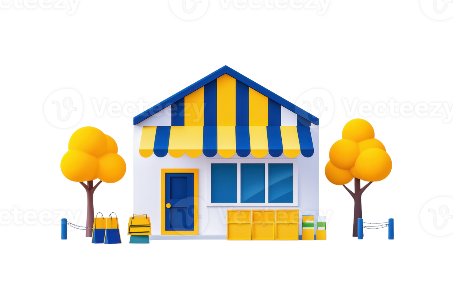 A colorful, cartoon-style shop featuring a blue door, yellow awning, and surrounding trees with vibrant foliage. png