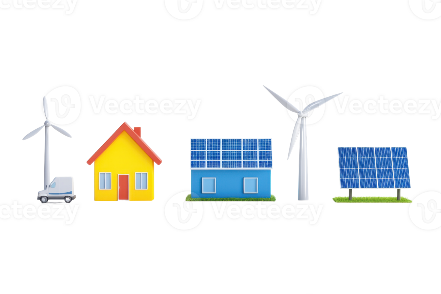 A collection of eco-friendly energy symbols including a wind turbine, solar panel, and homes, representing sustainable energy solutions. png