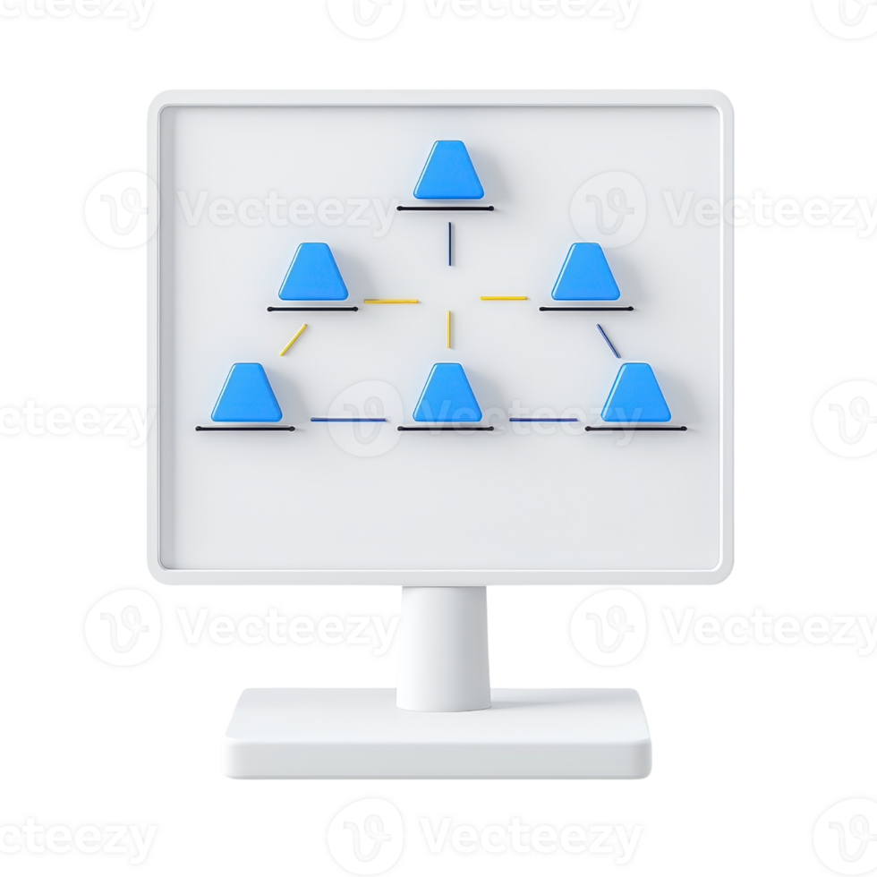 A monitor displaying a network diagram featuring blue nodes connected by lines, illustrating relationships or data flow. png