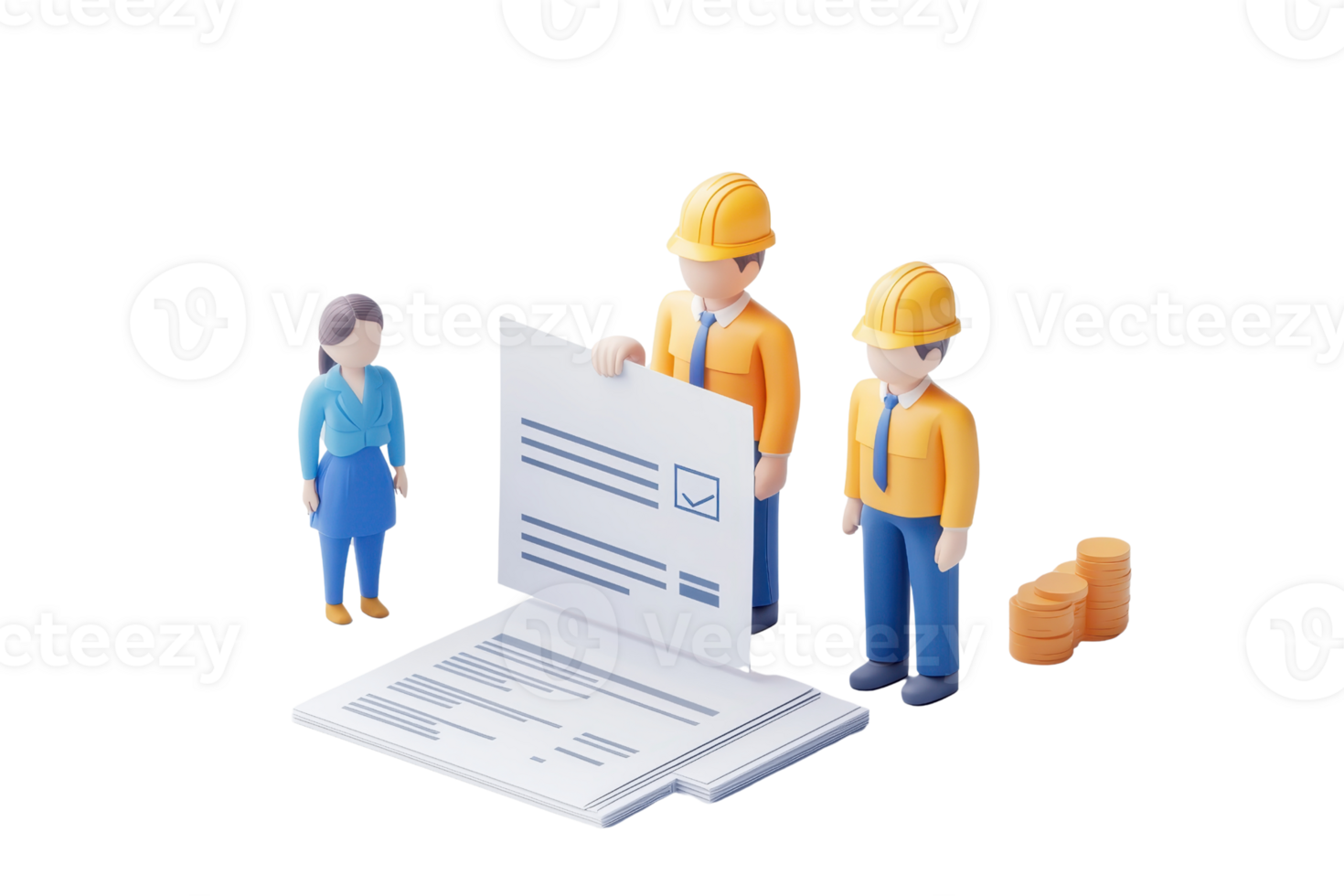 Three construction workers examine documents and plans, highlighting teamwork and project management. png
