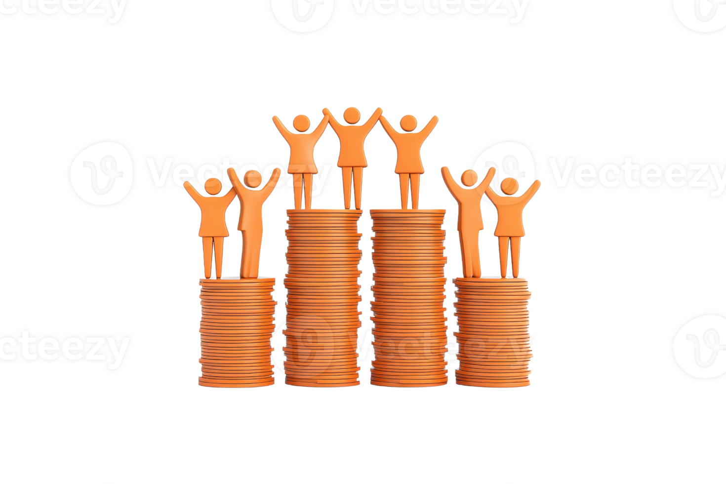 Stacked coins with orange figures celebrating success, representing growth and achievement in finance or business. png