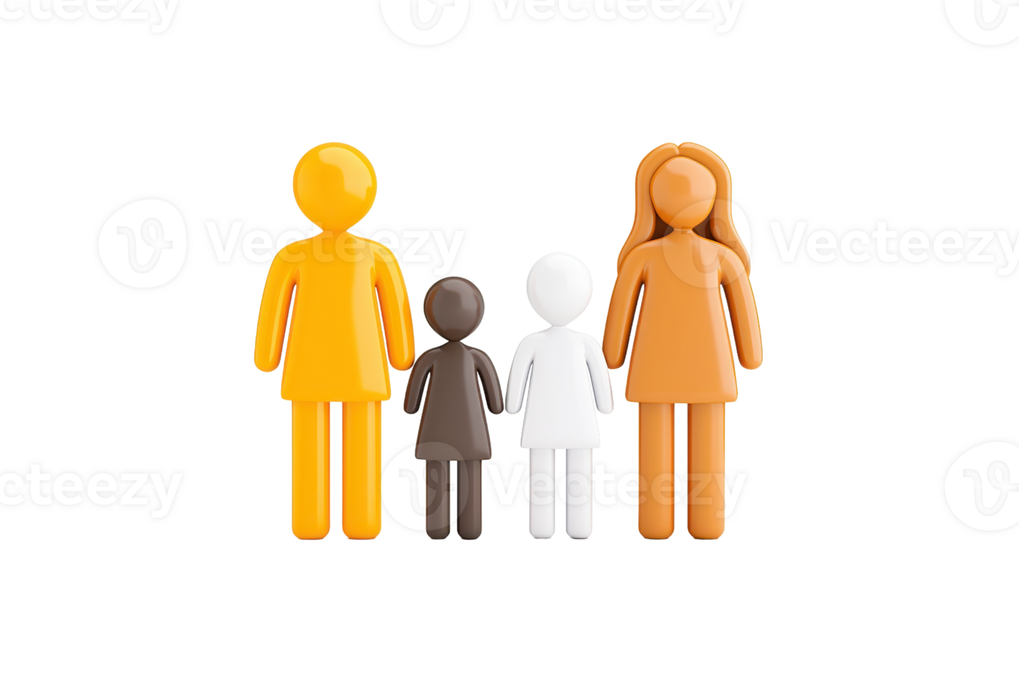 Four stylized figures representing a diverse family, each with distinct colors and sizes, showcasing unity and inclusiveness. png