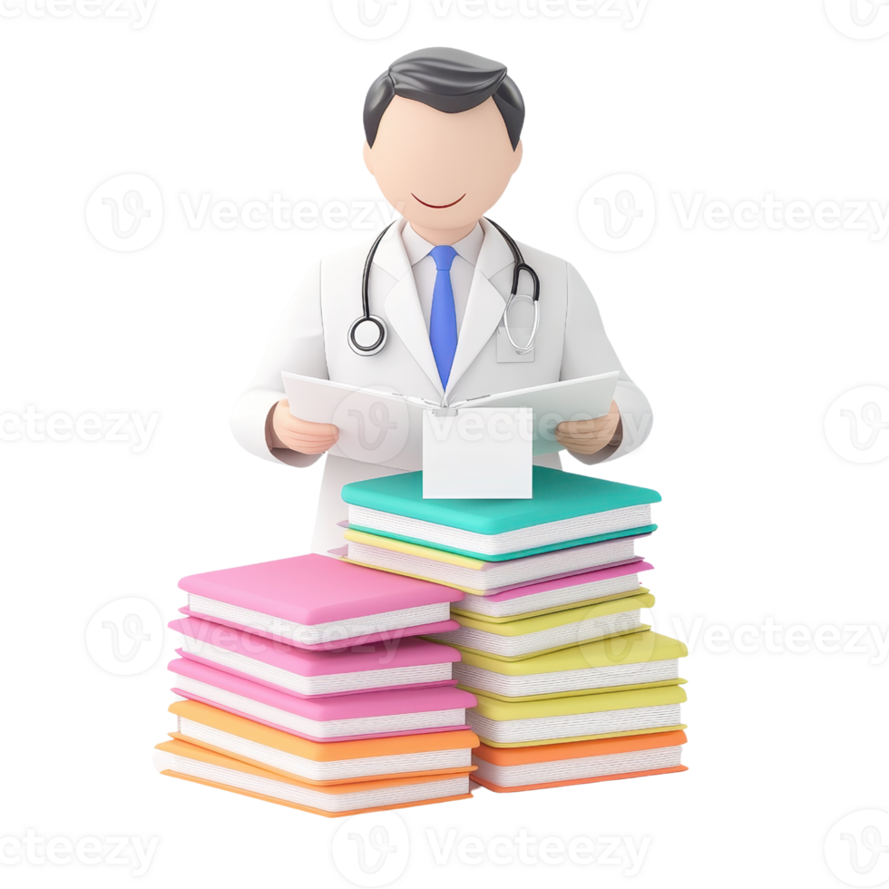 A doctor stands with a stack of colorful books, symbolizing knowledge and education in the medical field. png