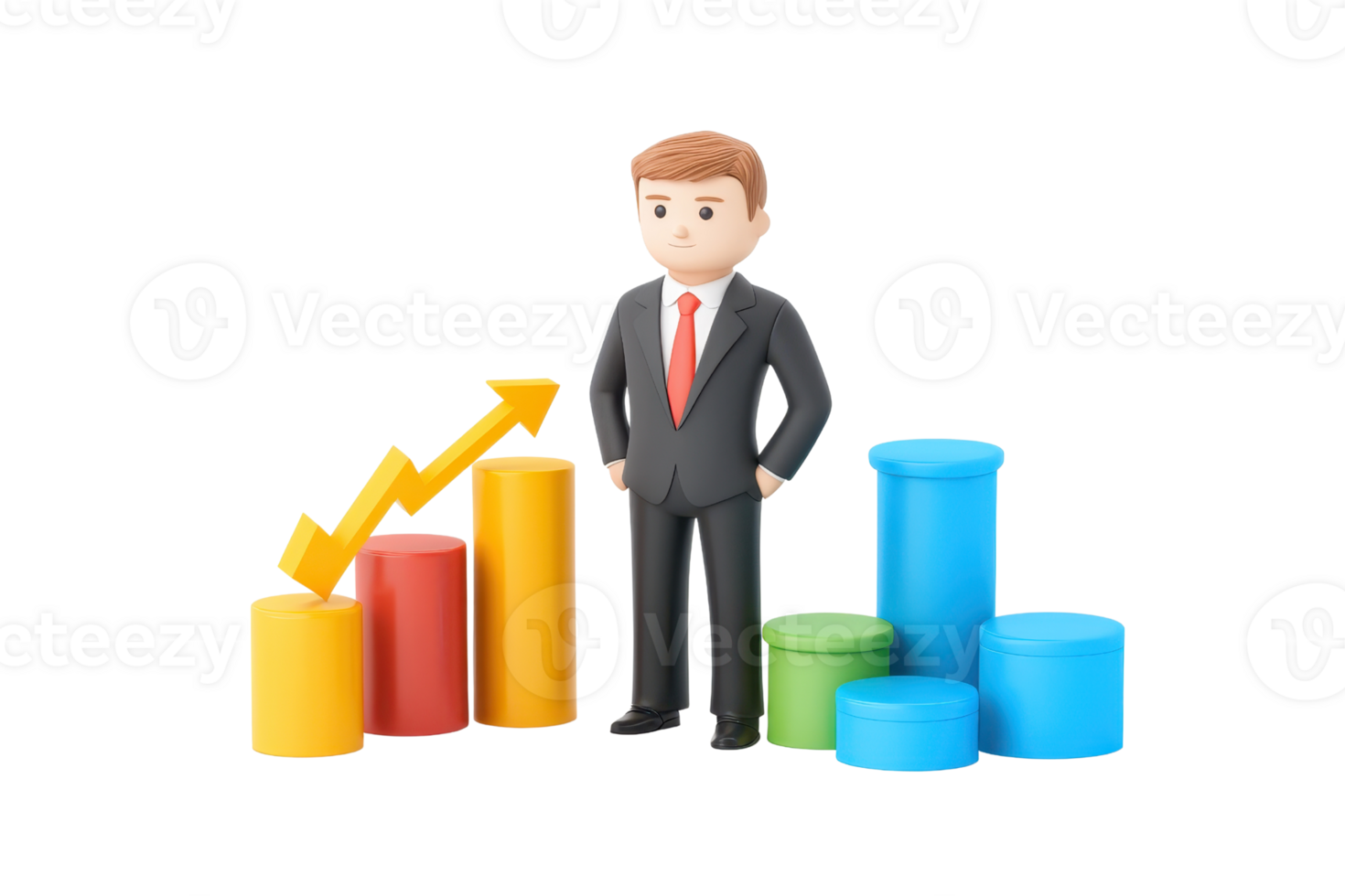 A professional character stands next to colorful bar charts, indicating growth and progress in a business context. png