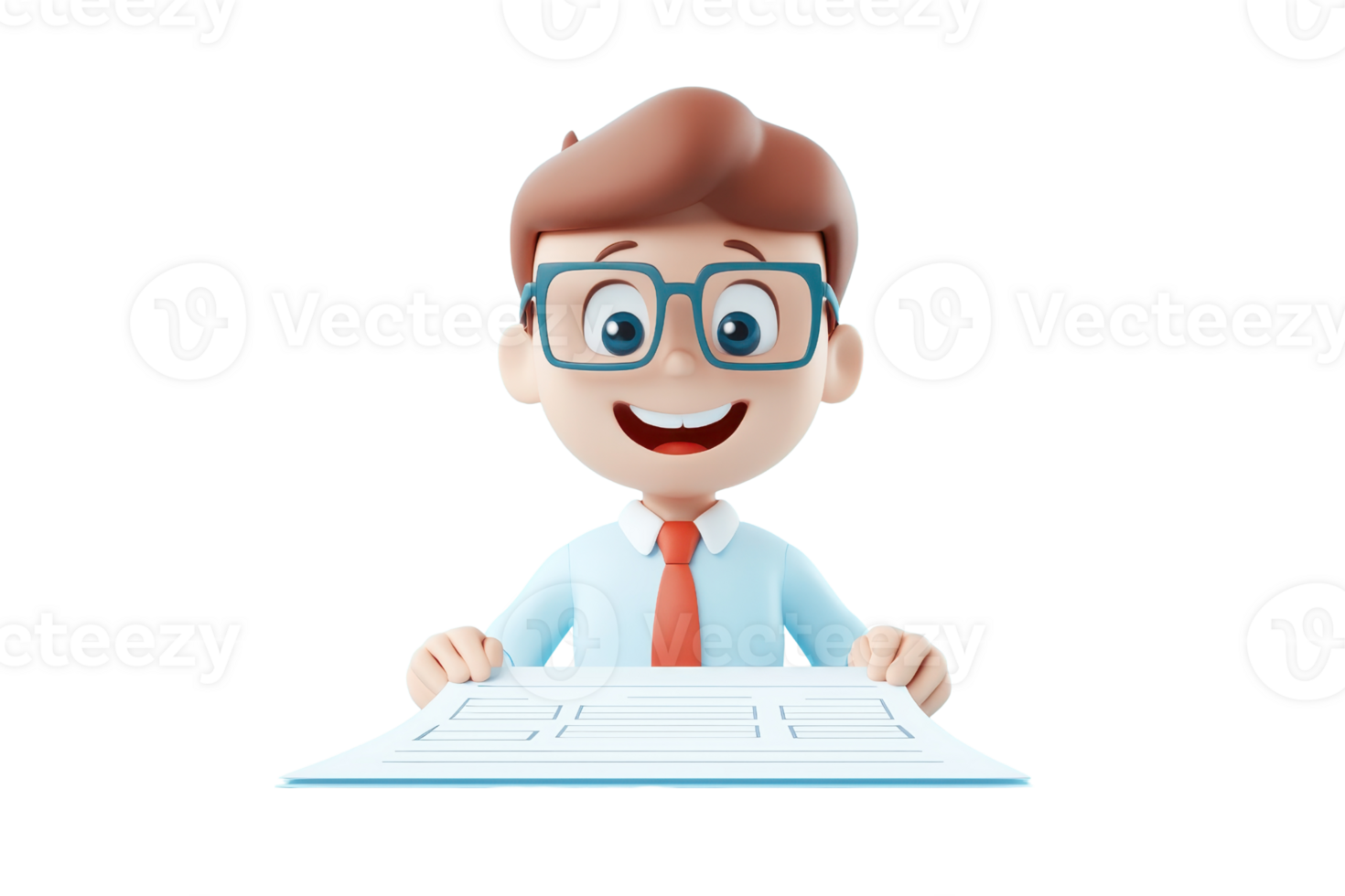 A cheerful cartoon boy with glasses and a red tie, sitting at a table displaying papers. png