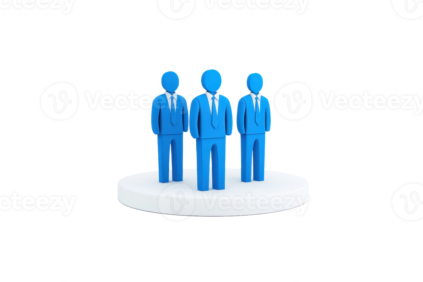 Three blue figurines in business suits standing on a circular platform. png
