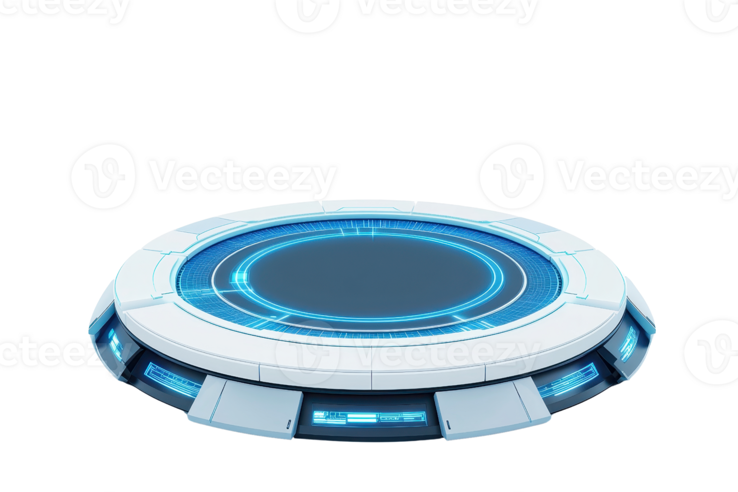 A futuristic circular platform with a glowing blue interface, designed for advanced technology applications. png