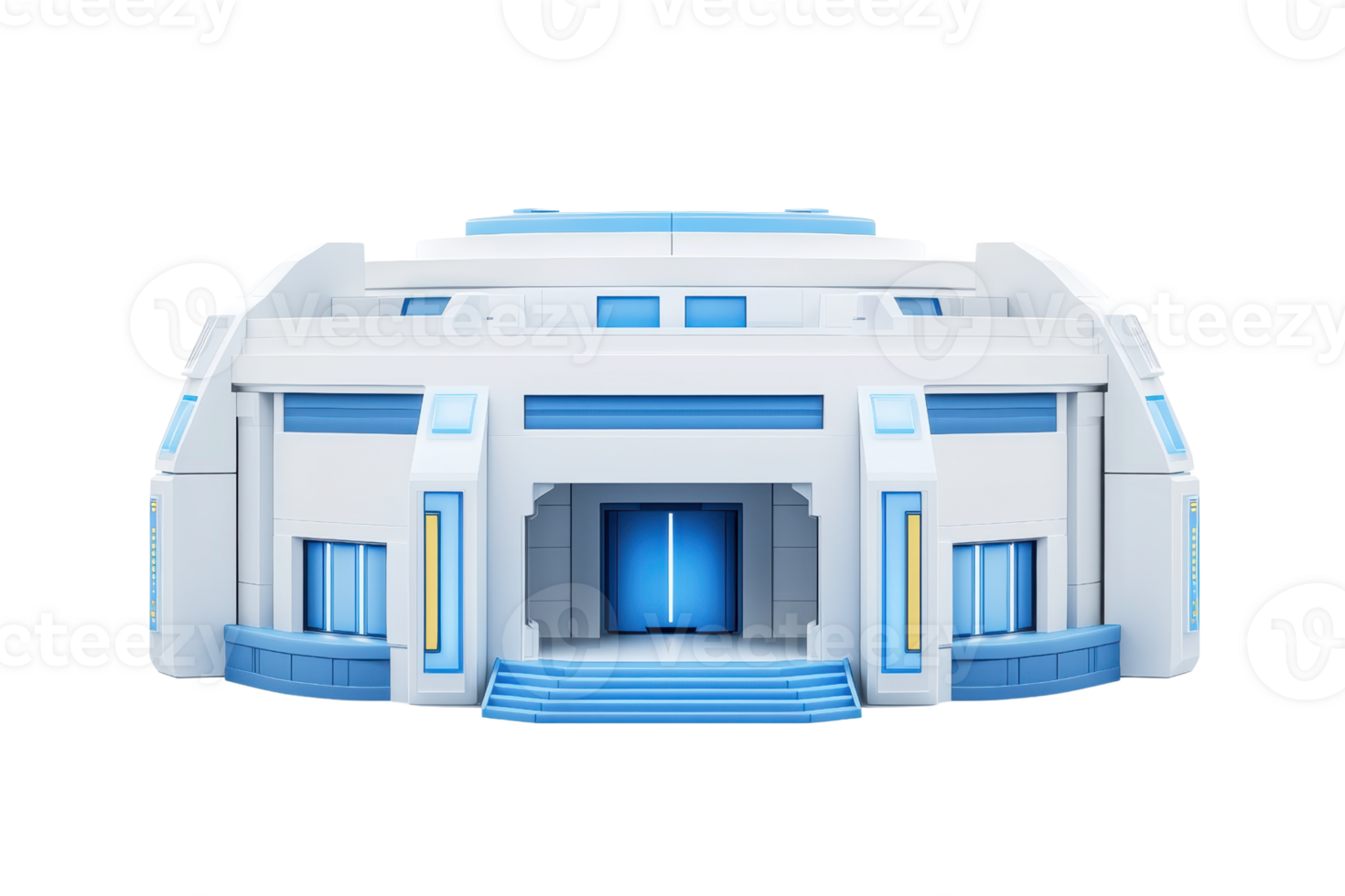 A modern architectural structure featuring a distinctive entrance with blue accents and multiple steps leading up to it. png