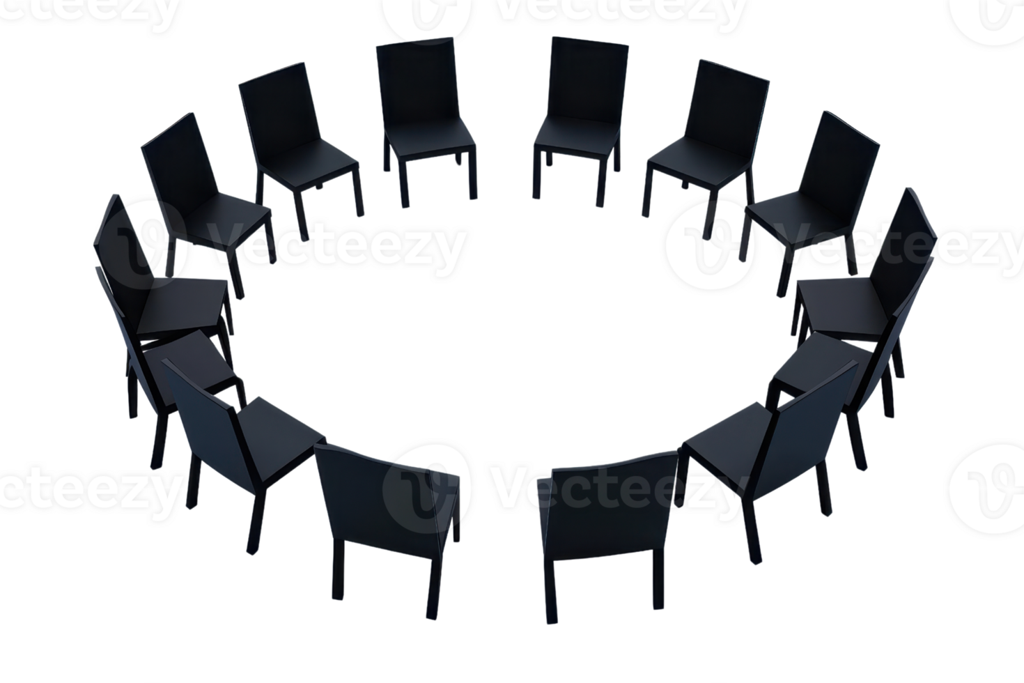 A circular arrangement of chairs, evenly spaced, creating a symmetrical formation. png
