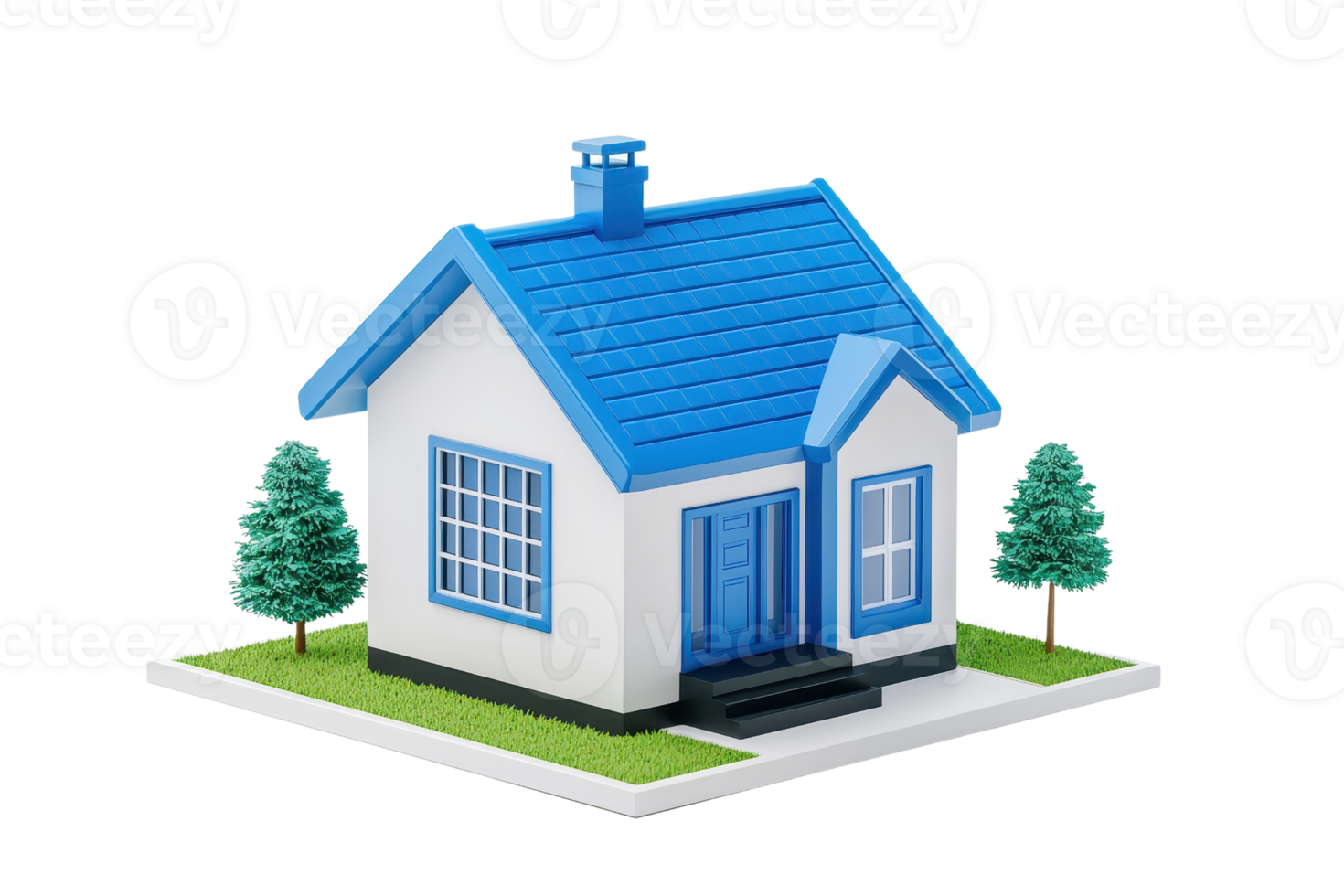 A small model house with a blue roof, white walls, and a front door, surrounded by green trees and grass. png