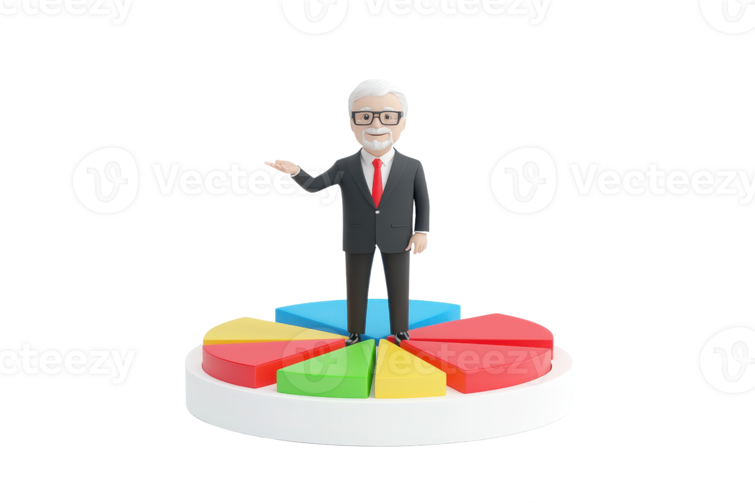 A cartoonish figure of a businessman stands on a colorful pie chart, gesturing as if presenting information. png