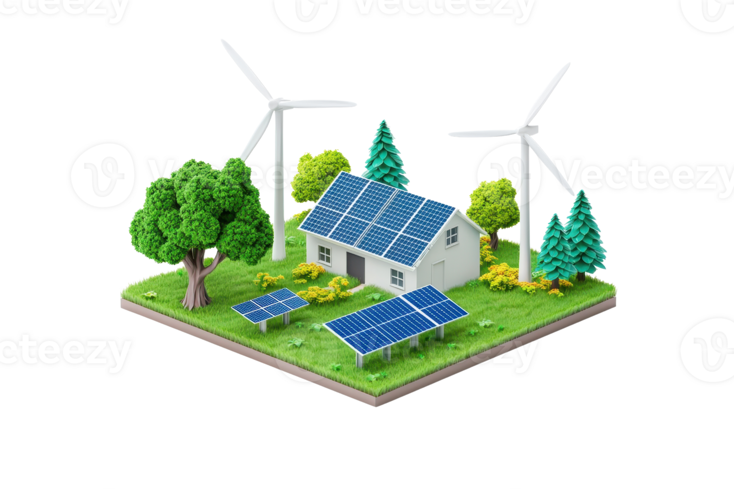 A miniature model of a house surrounded by solar panels, wind turbines, and trees, symbolizing renewable energy and sustainability. png