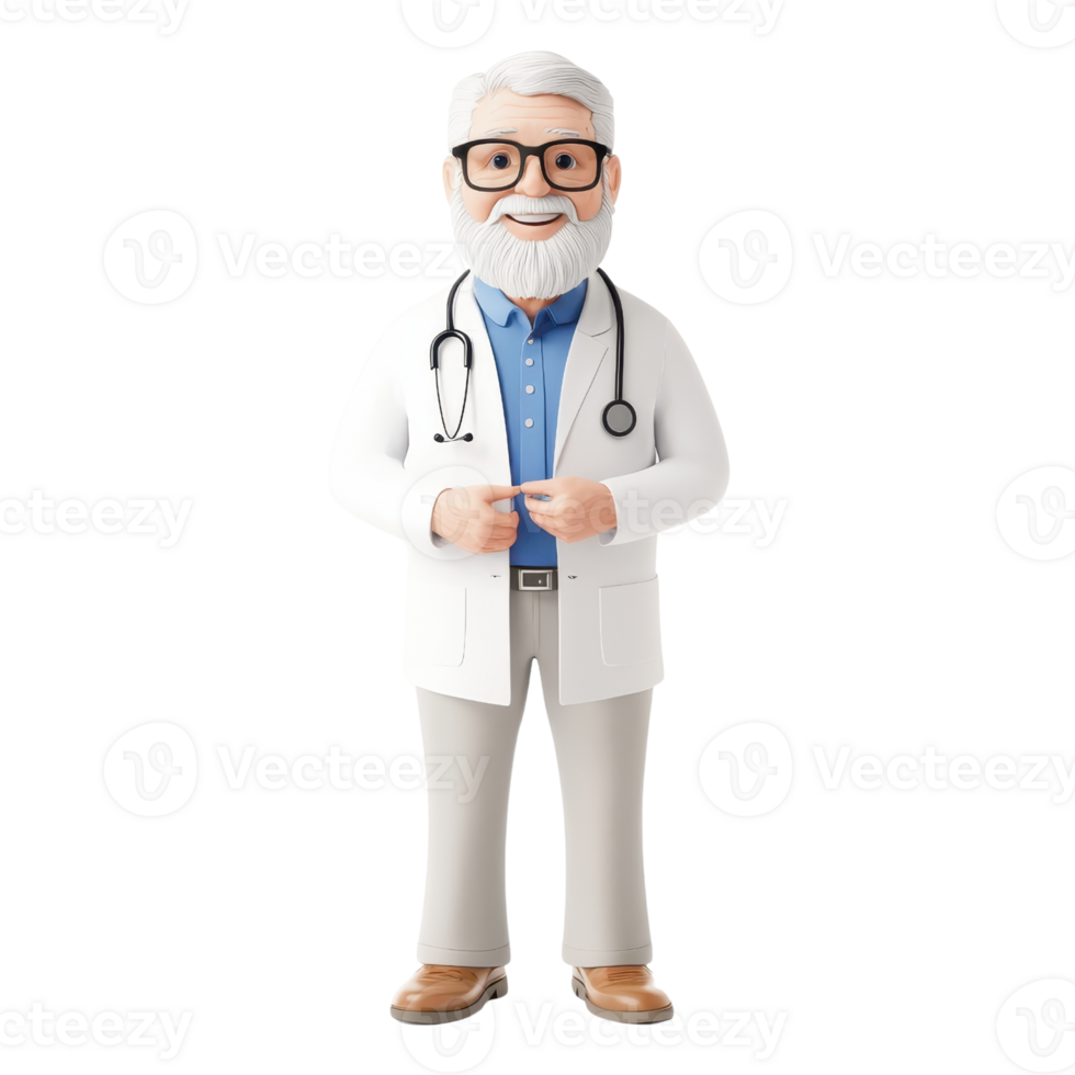 A cartoon-style elderly doctor wearing glasses and a lab coat, with a stethoscope around his neck, standing confidently. png