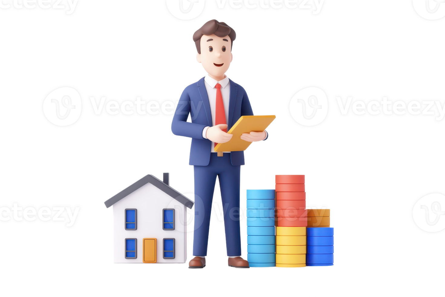 A professional figure holding a clipboard stands beside a house and stacks of coins, symbolizing real estate investment and finance. png