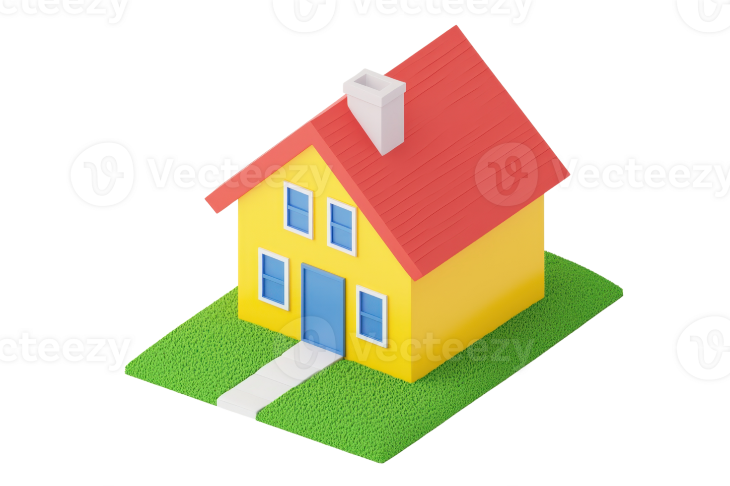 A colorful, cartoon-style house with a red roof, yellow walls, blue windows, and a chimney, set on a green base. png