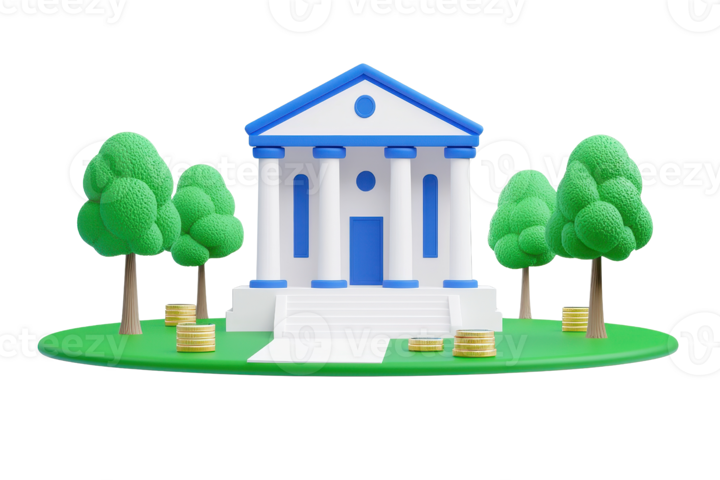 A stylized bank building with a blue roof and columns, surrounded by greenery and stacks of coins. png