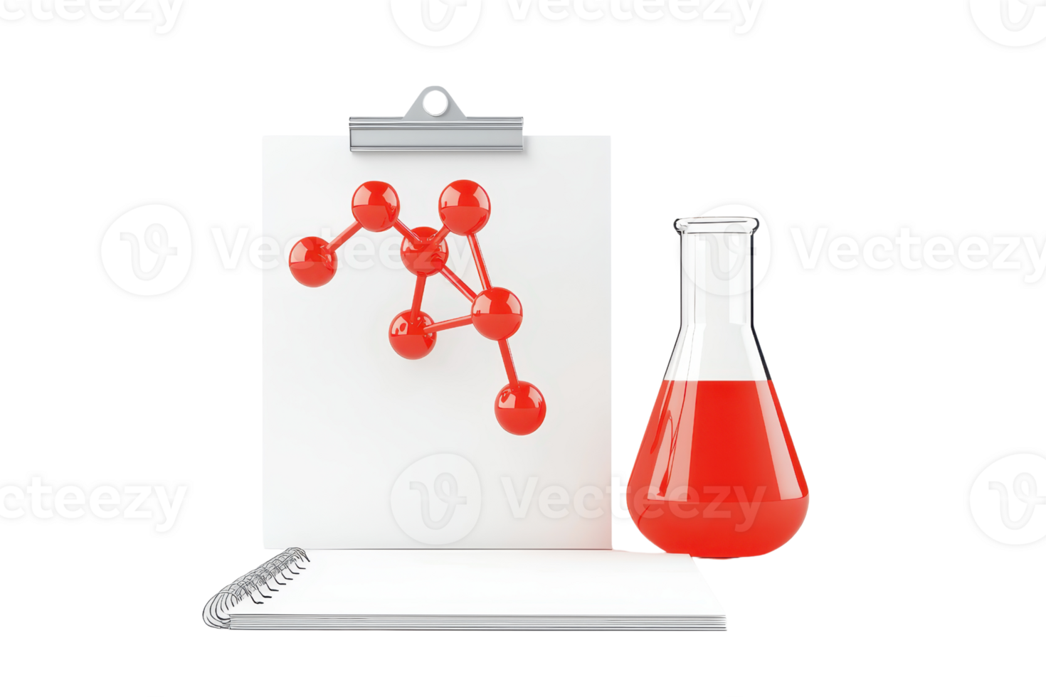 A laboratory setup featuring a beaker with red liquid, a clipboard displaying a molecular structure, and a notepad. png