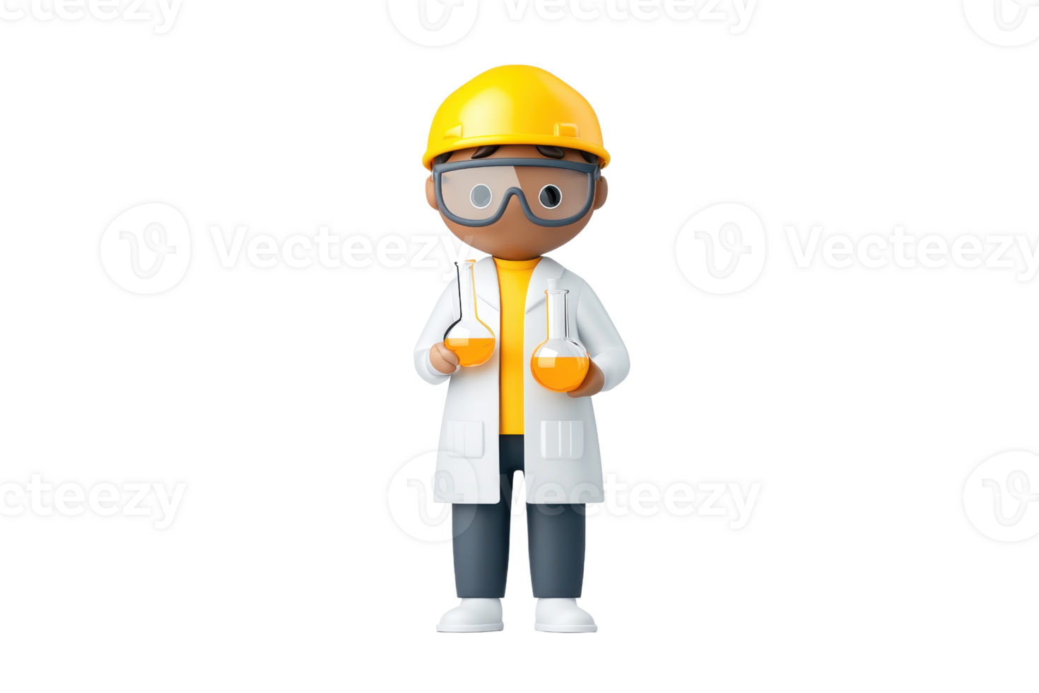 A cartoon-style character wearing a yellow hard hat, glasses, and a white lab coat, holding orange objects, representing a professional in a safety context. png