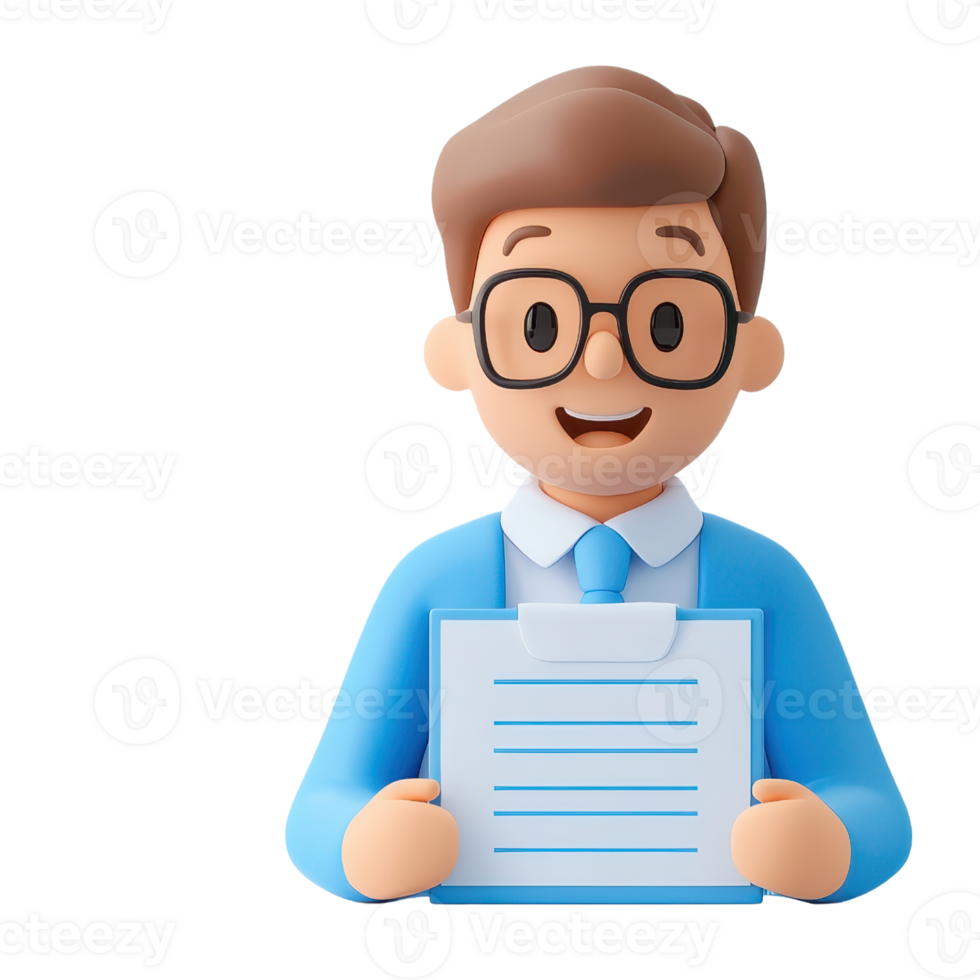 A cheerful character in formal attire holding a clipboard with documents, wearing glasses and a friendly smile. png