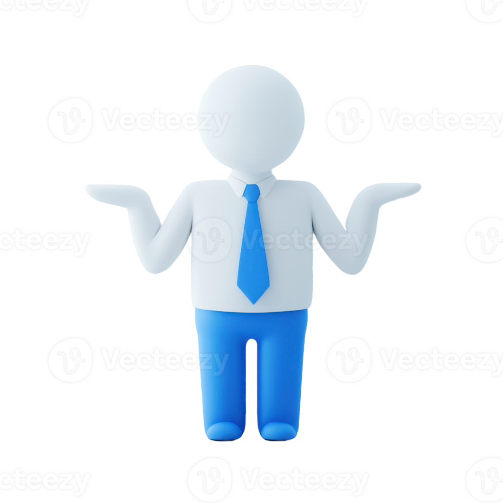 A cartoon figure in a blue tie, standing with arms raised in a shrugging gesture, symbolizing confusion or indecision. png