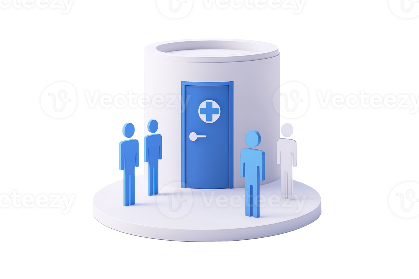 A stylized representation of a medical facility with a blue door and figures waiting outside. png