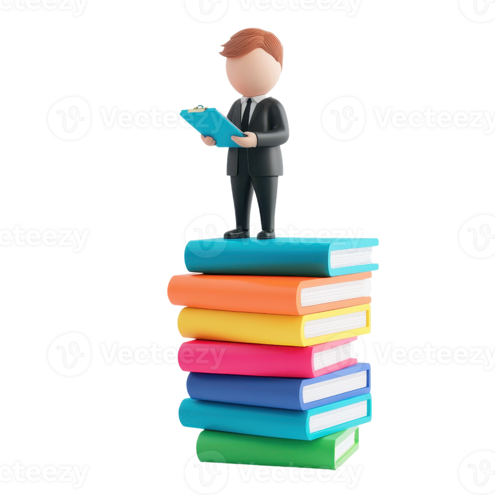 A stylized figure in business attire stands atop a stack of colorful books, holding a book and appearing engaged in reading. png