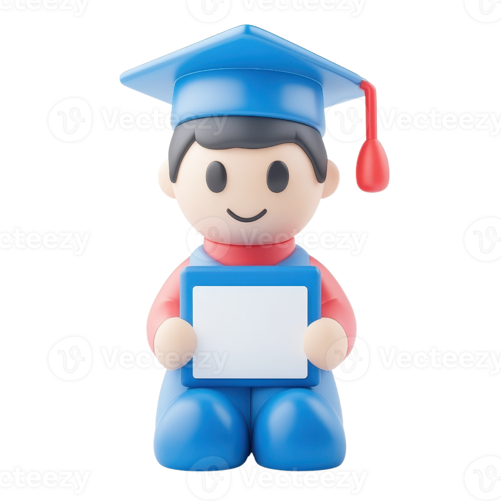 A cheerful graduate figurine wearing a blue cap and gown, holding a blank diploma frame. png