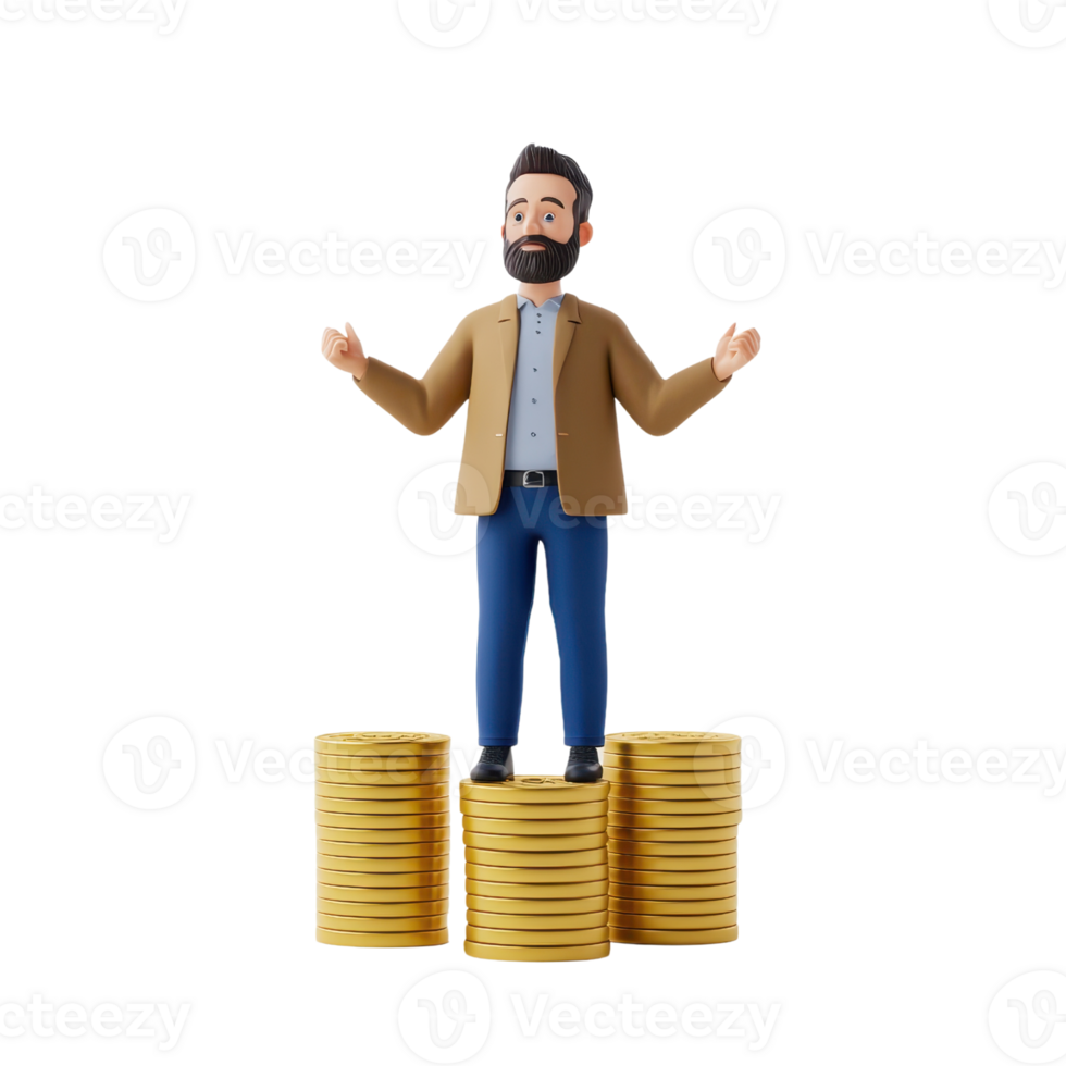 A figurine of a man standing confidently on a stack of gold coins, conveying a sense of success and prosperity. png