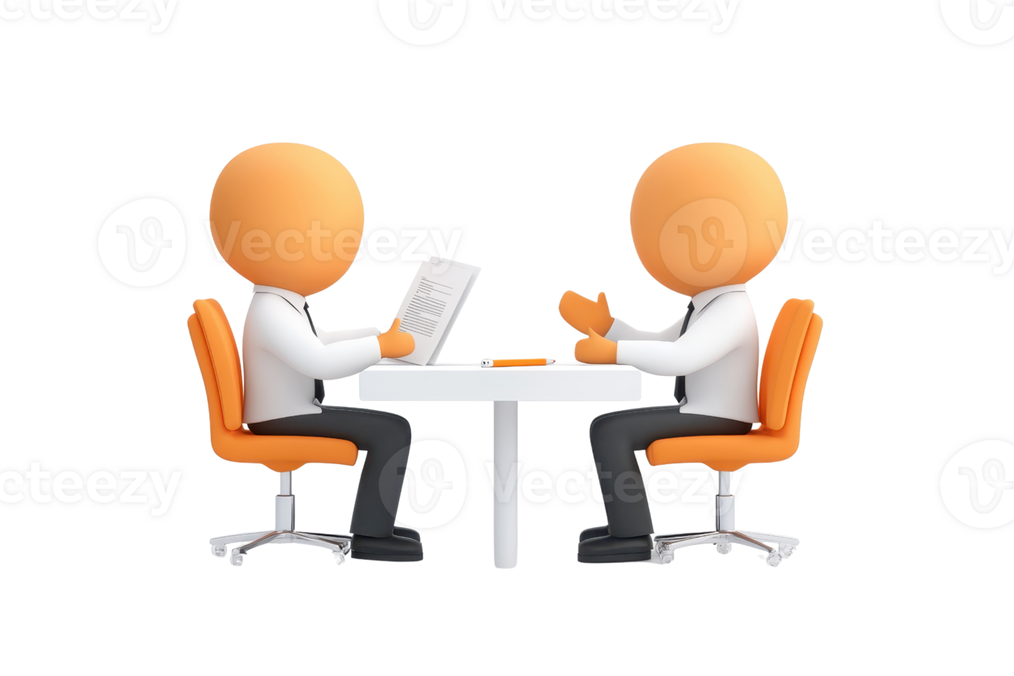 Two cartoon figures engage in a discussion across a table, each holding documents, seated in orange chairs. png
