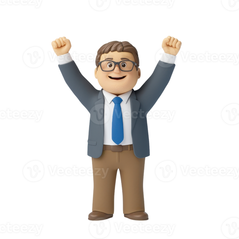 A cheerful, animated figure with glasses and a suit raises arms in celebration, exuding a sense of joy and achievement. png
