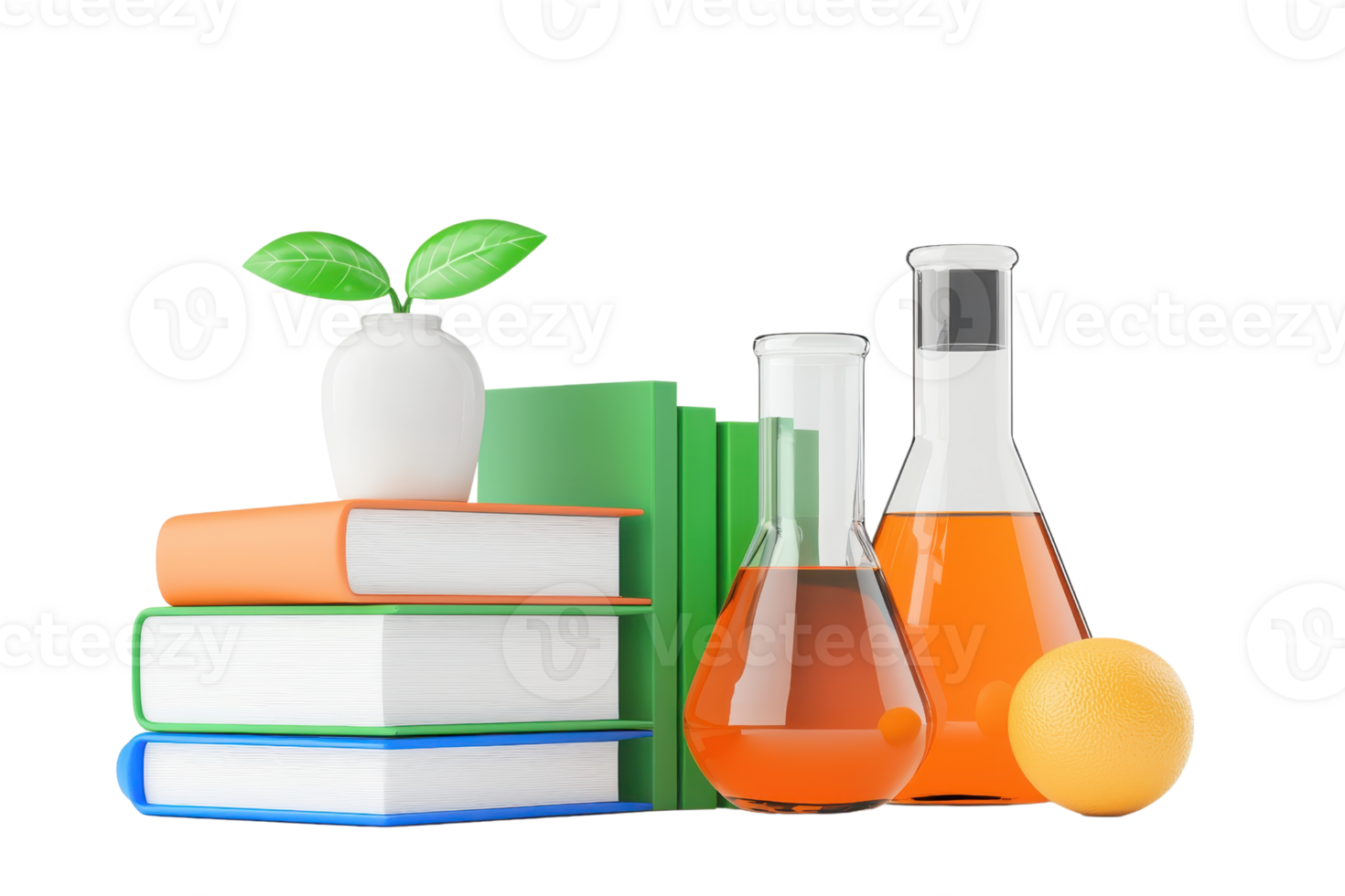 A collection of books, laboratory glassware, and a small plant, showcasing a blend of education and science. png