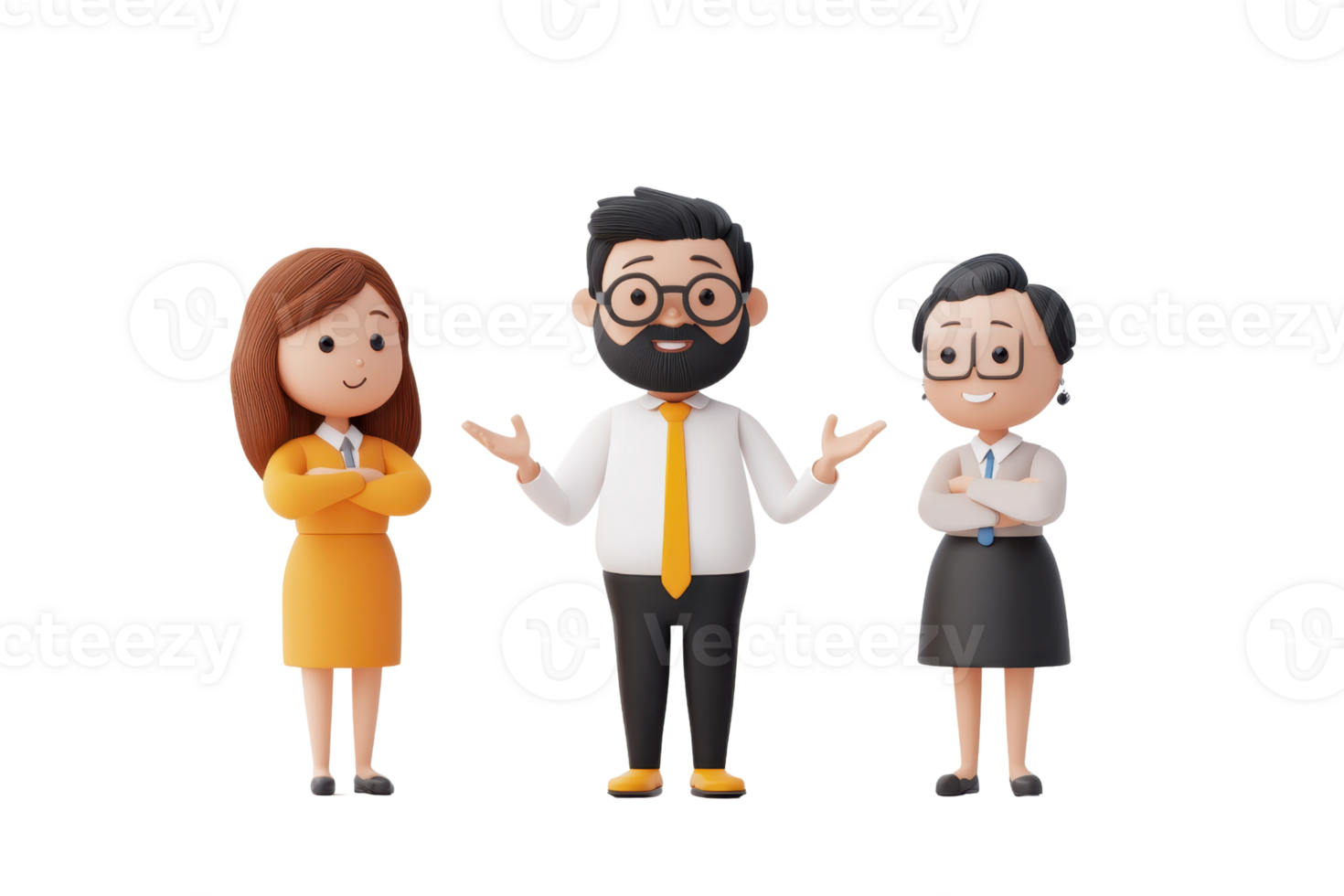 Three cartoon-style characters in professional attire, engaging in conversation, with one male presenting while two females listen. png
