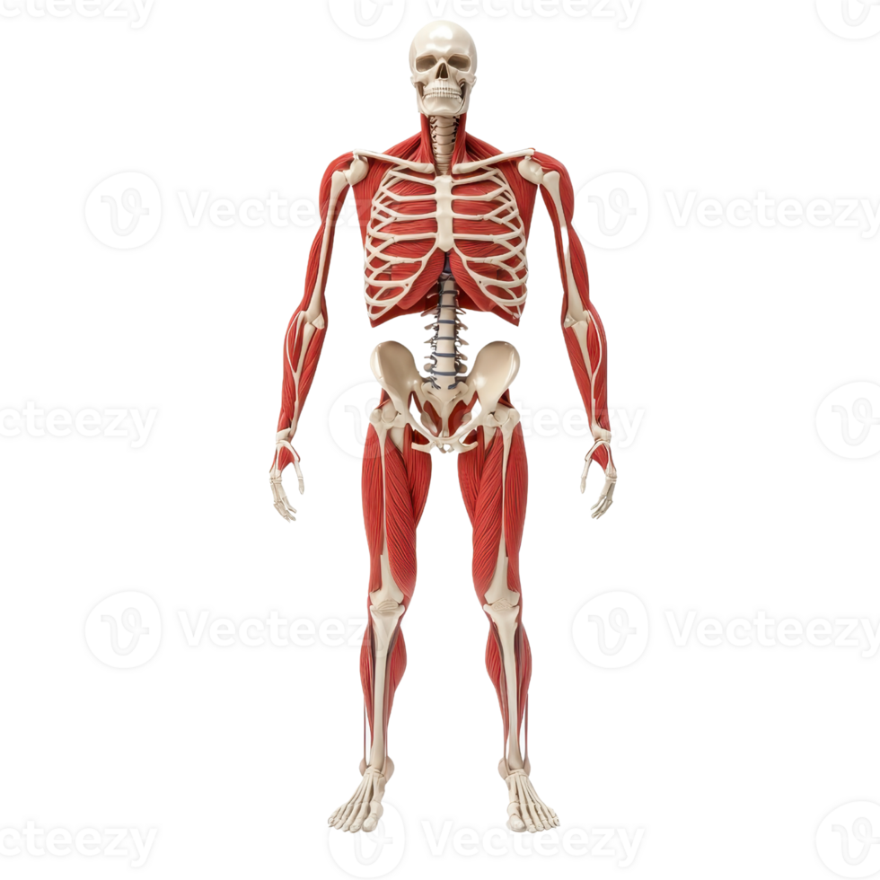 A detailed anatomical model of a human skeleton showcasing muscles and bones in a frontal view. png