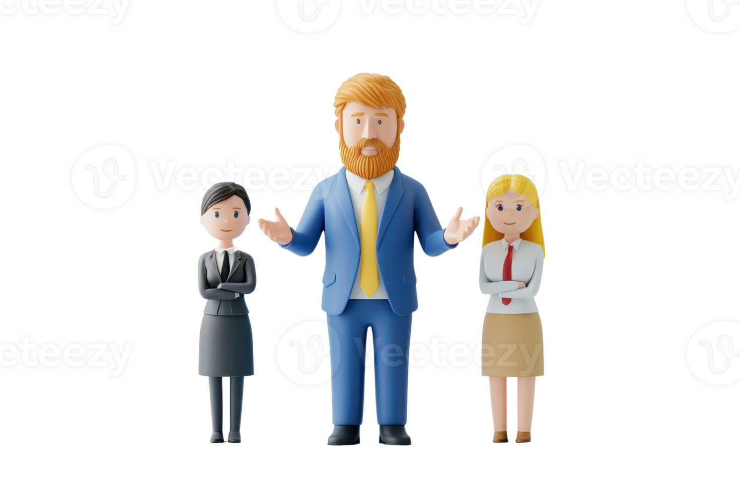 A group of three stylized figurines representing professionals, including a man in a suit and two women in business attire. png