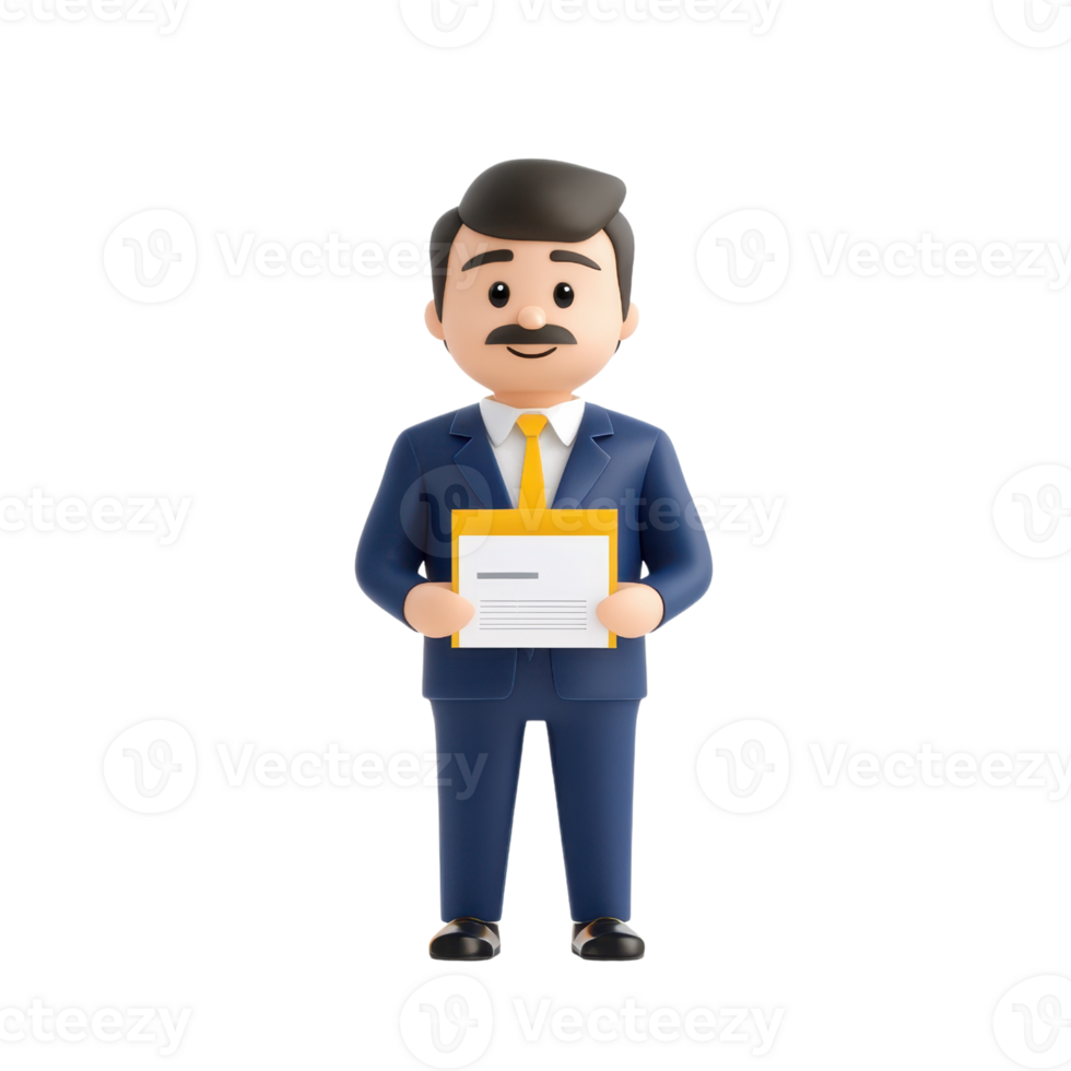 A cartoonish businessman in a suit holding a document, featuring a mustache and friendly expression. png