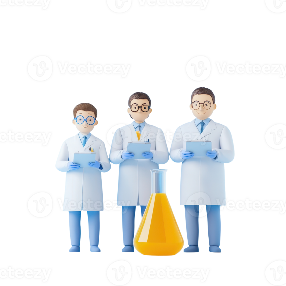 Three scientists in lab coats hold clipboards, standing next to a yellow laboratory flask. png