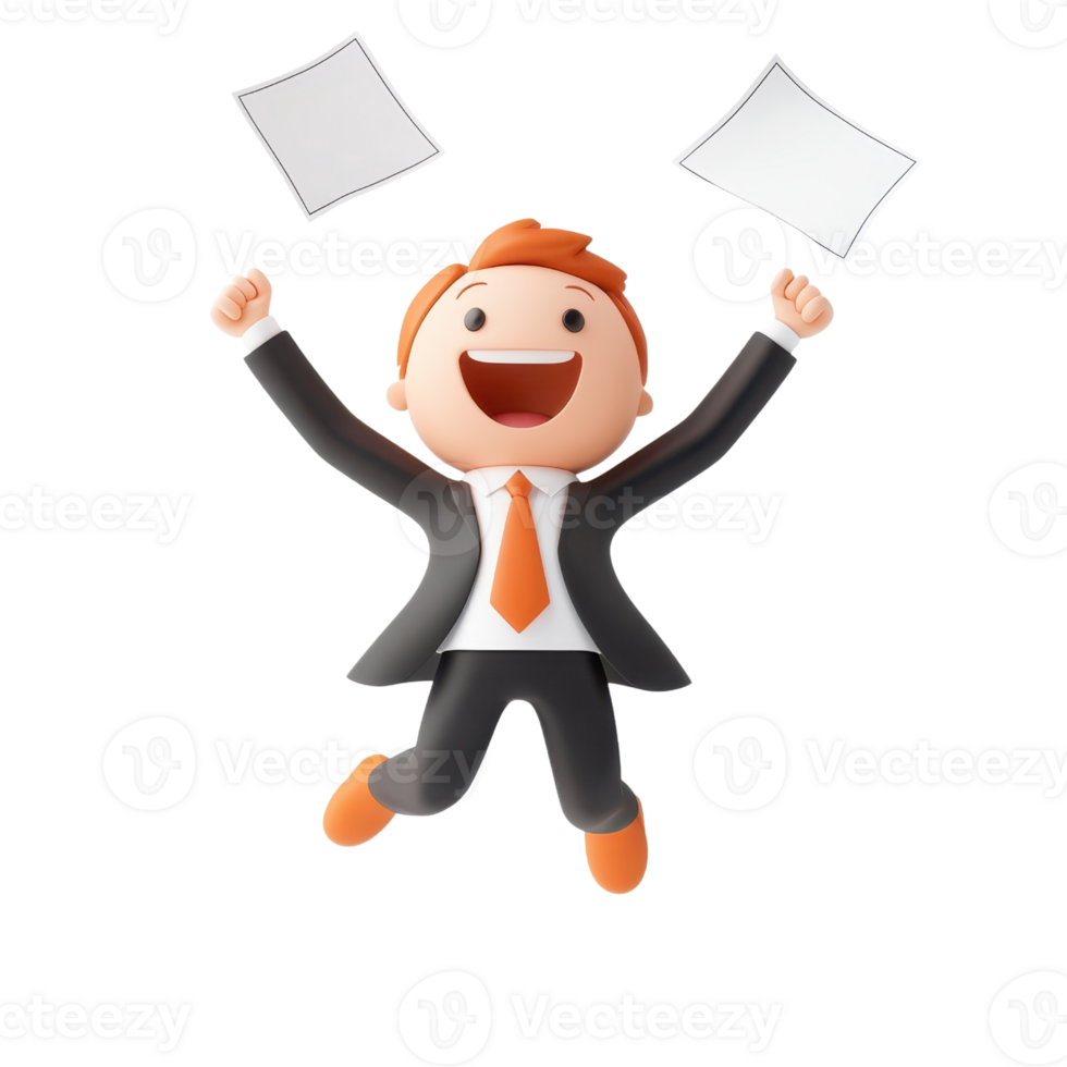 A joyful cartoon character in a suit celebrates while holding two papers, expressing excitement and achievement. png