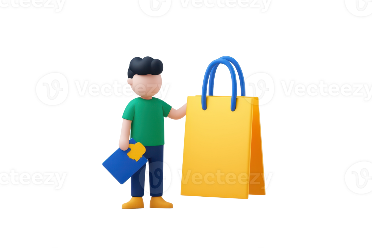 A stylized character holding a shopping bag and a smaller item, symbolizing shopping and consumerism. png