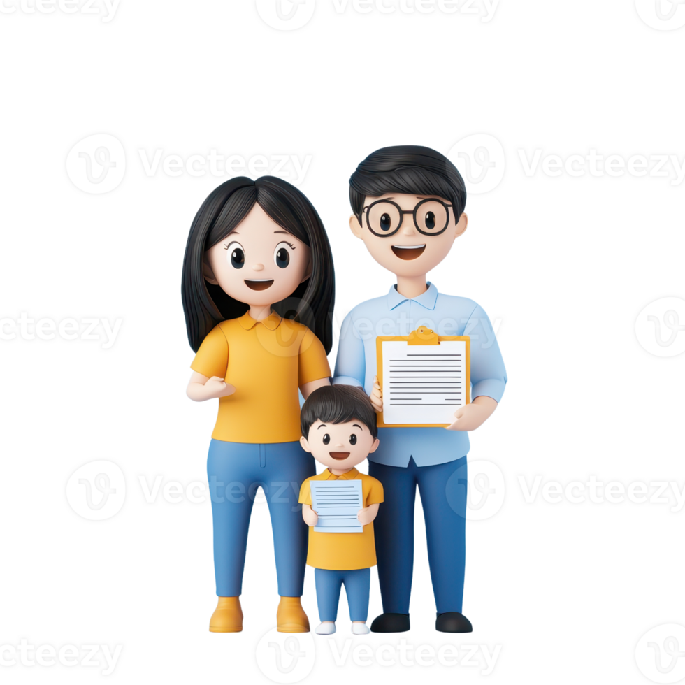 A cheerful family of three, with a mother, father, and child, all smiling and holding papers. png