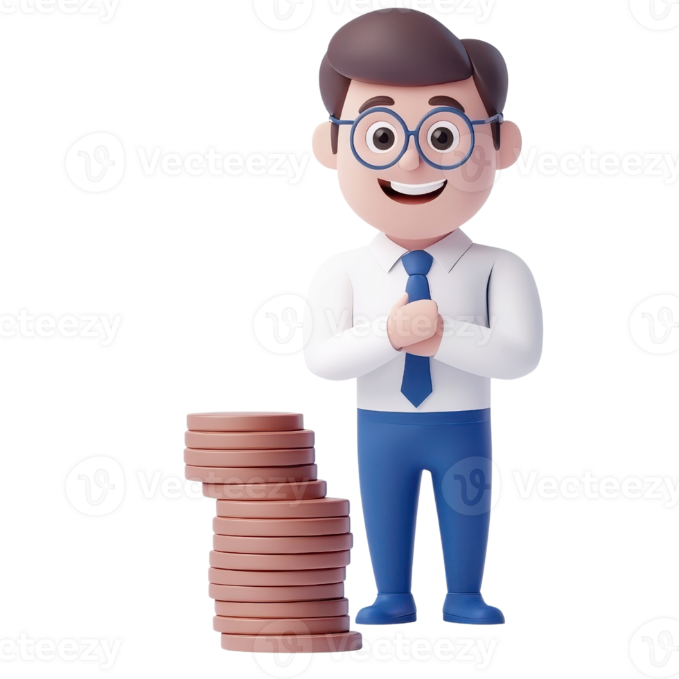 A cartoonish character in business attire stands with a stack of coins, smiling and clasping hands. png